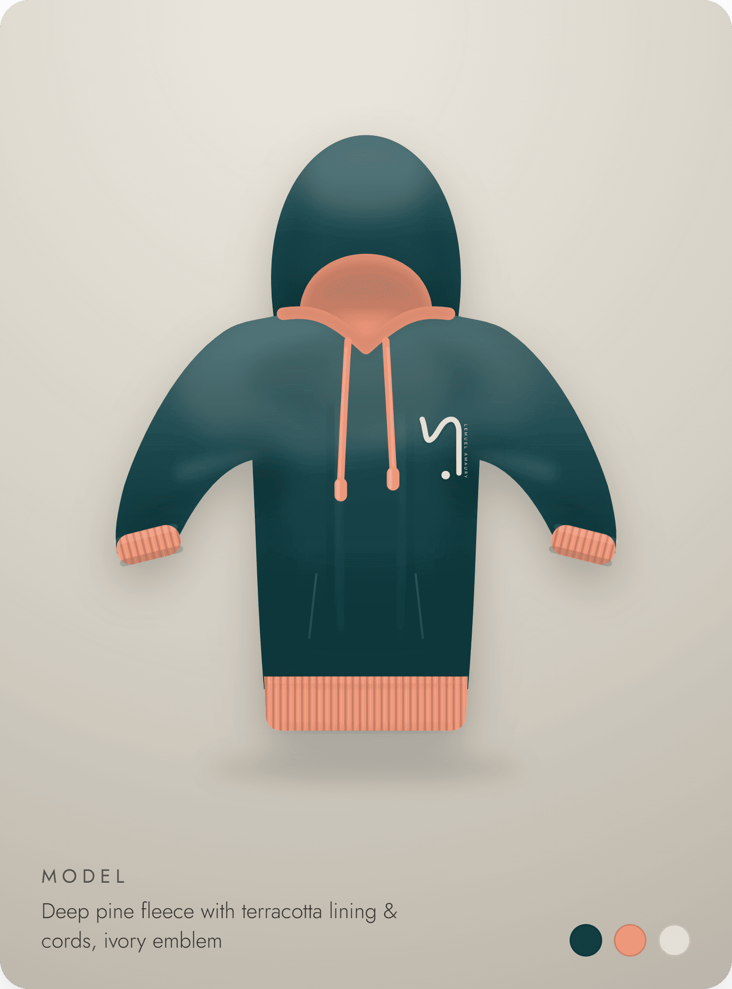 Hoodie de forro polar pino profundo con forro y cordones terracota y emblema marfil de Lemuel Amaury